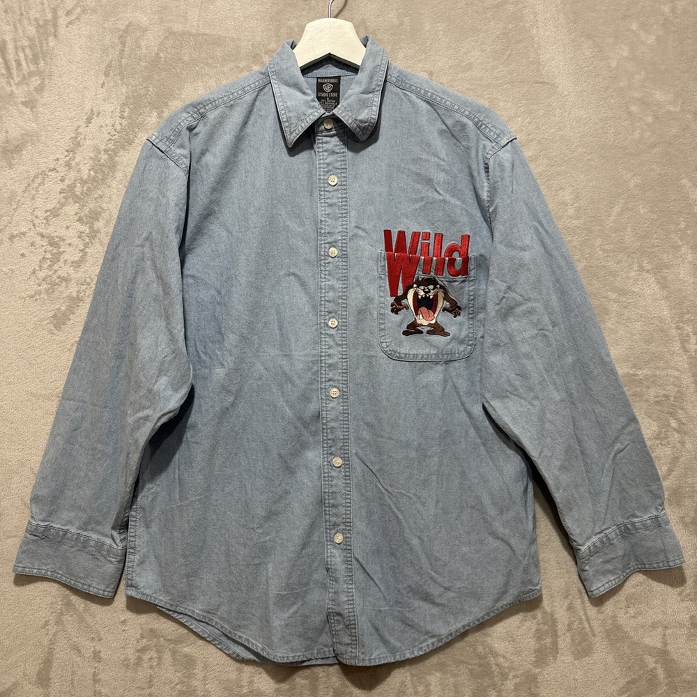 Vintage 90s Warner Bros Long Sleeve Shirt Size S Blue Taz Embroider Looney Tunes